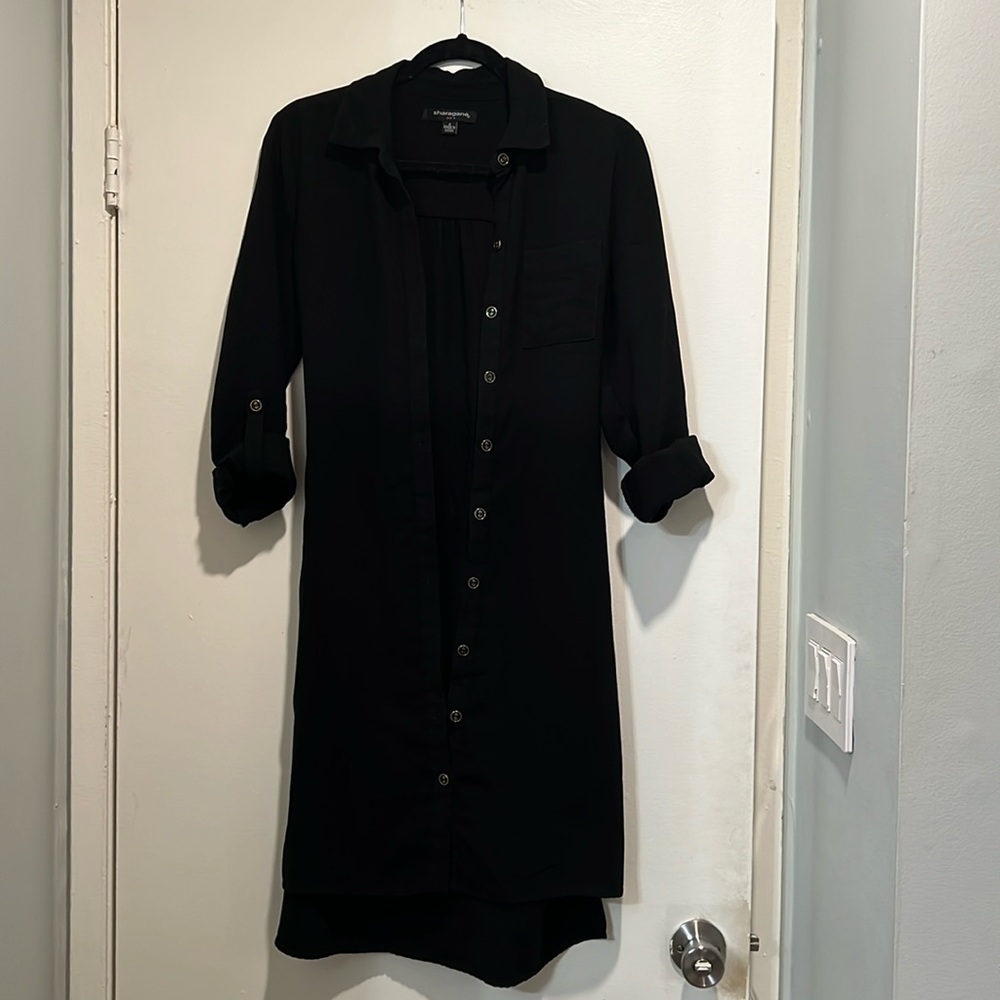 Black Button-Down Shirt Dress with Roll-Up Sleeves